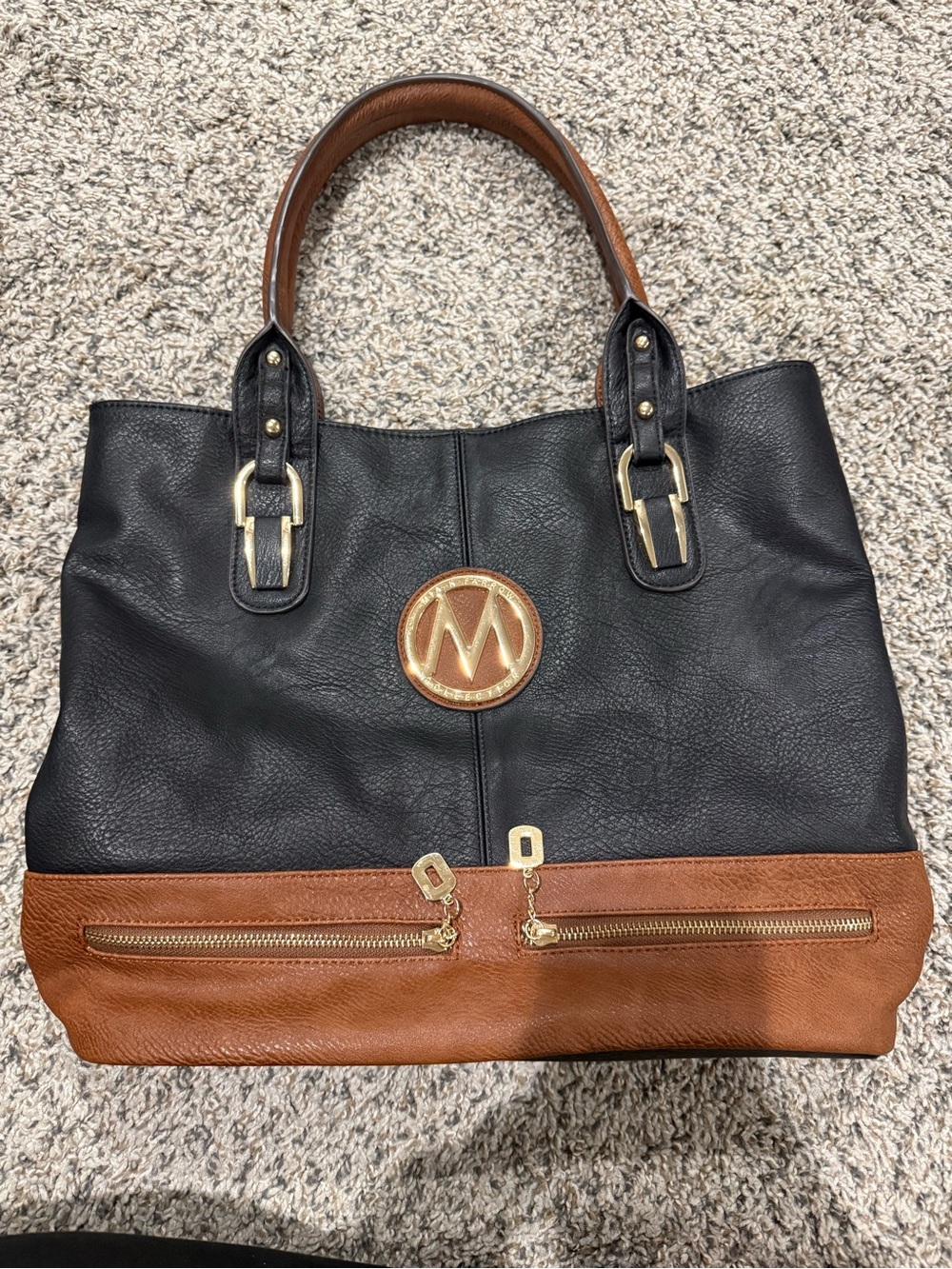 Mia K Farrow Black and Brown Two-Tone Leather Tote with Gold Accent
